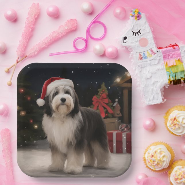 Tibetan Terrier Dog in Snow Christmas  Paper Plate (Party)