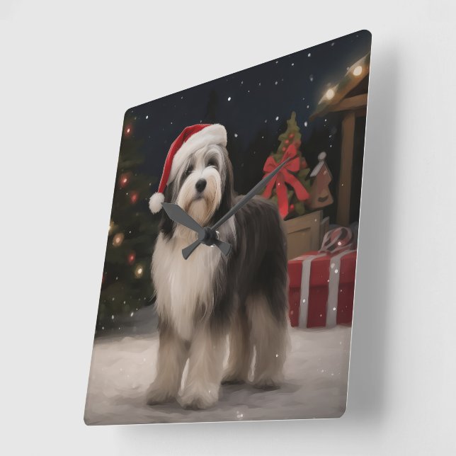 Tibetan Terrier Dog in Snow Christmas  Square Wall Clock (Angle)