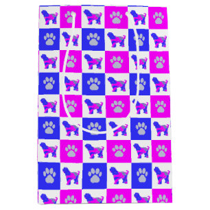 Tibetan Terrier Dog & Paw Hot Pink & Blue Medium Gift Bag