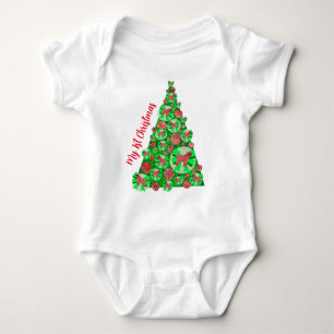 Tibetan Terrier Dog Silhouette Christmas Tree Red Baby Bodysuit