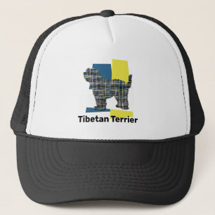Tibetan Terrier Dog Silhouette Cute Tricolor Grid Trucker Hat