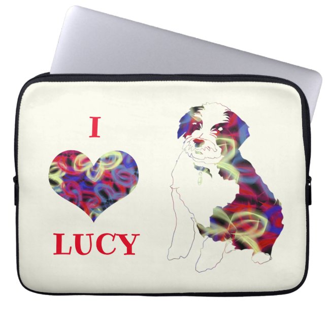 Tibetan Terrier Dog Silhouette w/ Butterfly Heart Laptop Sleeve (Front)