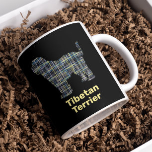 Tibetan Terrier Dog Silhouette Yellow & Black Grid Coffee Mug