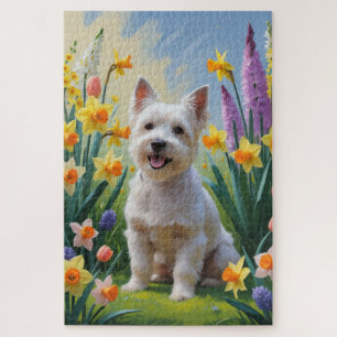 Tibetan Terrier Dog Spring Flowers Painting Jigsaw Puzzle