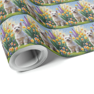 Tibetan Terrier Dog Spring Flowers Painting Wrapping Paper