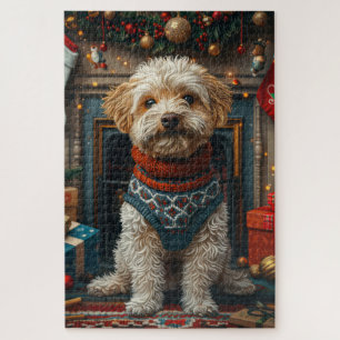 Tibetan Terrier Dog With Christmas Gifts Fireplace Jigsaw Puzzle