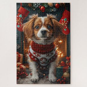 Tibetan Terrier Dog With Christmas Gifts Fireplace Jigsaw Puzzle