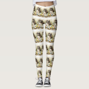 Tibetan Terrier Dog with Easter Eggs Holiday Leggings