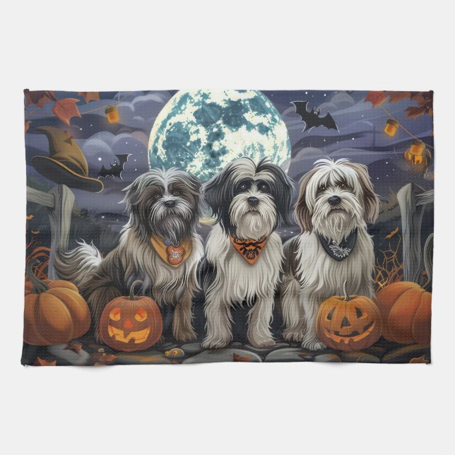 Tibetan Terrier Halloween Spooky Tea Towel (Horizontal)