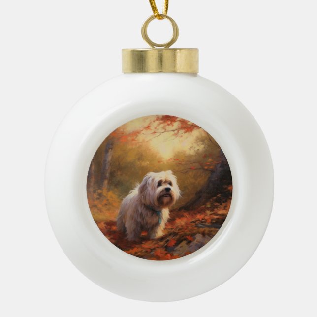 Tibetan Terrier in Autumn Leaves Fall Inspire  Ceramic Ball Christmas Ornament (Front)