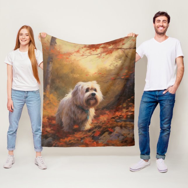 Tibetan Terrier in Autumn Leaves Fall Inspire  Fleece Blanket (In Situ)