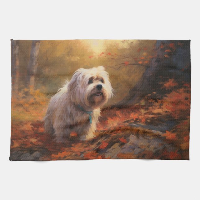 Tibetan Terrier in Autumn Leaves Fall Inspire  Tea Towel (Horizontal)