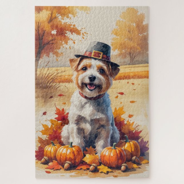 Tibetan Terrier In Autumn Leaves Thanksgiving Art Jigsaw Puzzle (Vertical)