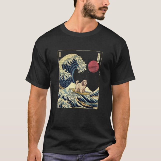 Tibetan Terrier Japanese Kanagawa Wave Funny Surf  T-Shirt (Front)