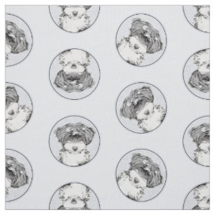 Tibetan Terrier Painting Black and White Dog Art Fabric