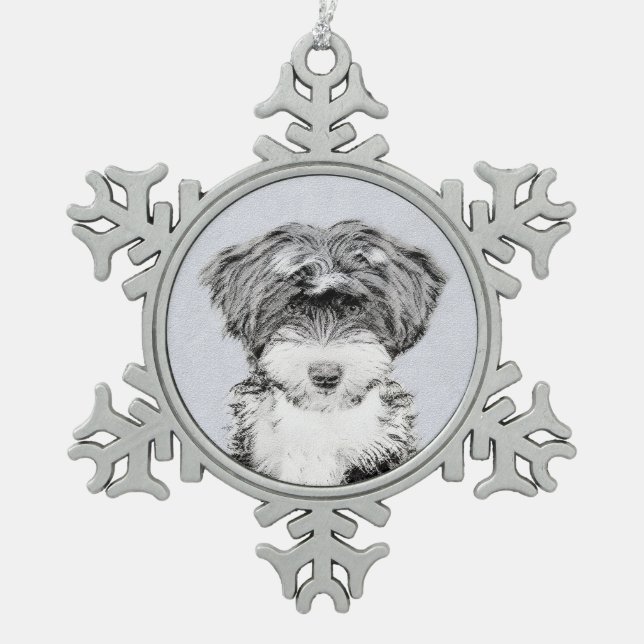 Tibetan Terrier Painting - Cute Original Dog Art Snowflake Pewter Christmas Ornament (Front)
