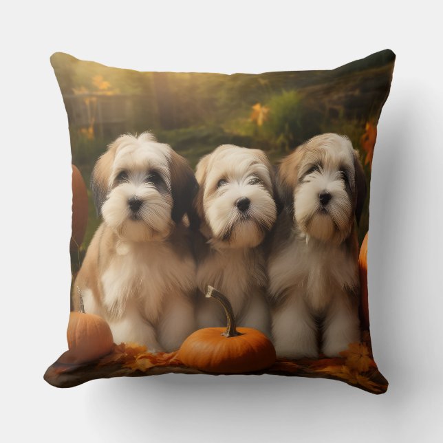 Tibetan Terrier Puppy Autumn Delight Pumpkin Cushion (Front)
