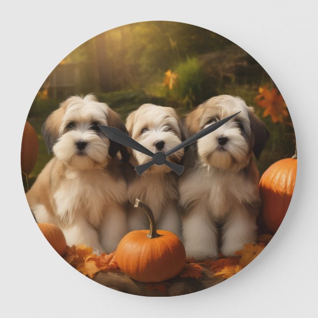 Tibetan Terrier Puppy Autumn Delight Pumpkin Large Clock (Front)