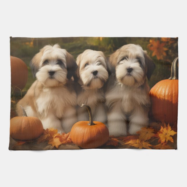 Tibetan Terrier Puppy Autumn Delight Pumpkin Tea Towel (Horizontal)