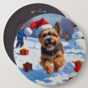 Tibetan Terrier Running in Snow with Christmas Hat 6 Cm Round Badge