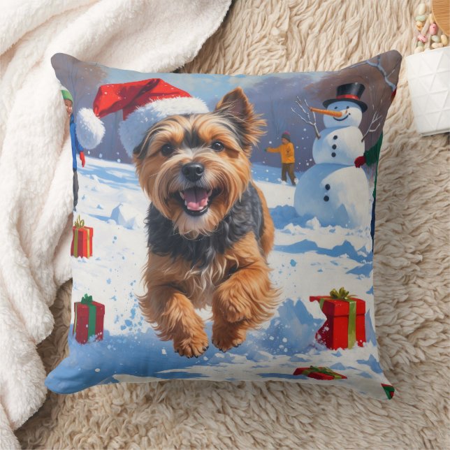 Tibetan Terrier Running in Snow with Christmas Hat Cushion (Blanket)