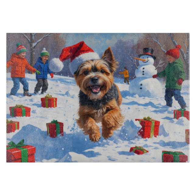 Tibetan Terrier Running in Snow with Christmas Hat Cutting Board (Front)