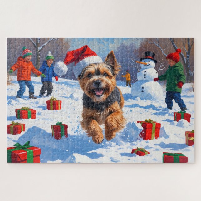 Tibetan Terrier Running in Snow with Christmas Hat Jigsaw Puzzle (Horizontal)
