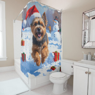 Tibetan Terrier Running in Snow with Christmas Hat Shower Curtain
