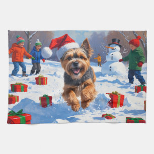 Tibetan Terrier Running in Snow with Christmas Hat Tea Towel