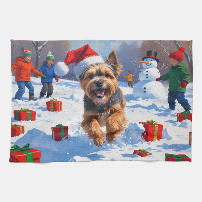 Tibetan Terrier Running in Snow with Christmas Hat Tea Towel (Horizontal)