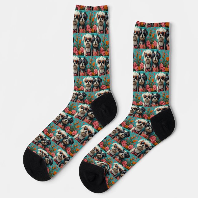 Tibetan Terrier with Heart Roses Valentine's Day Socks (Left)