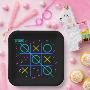 Tic Tac Toe Neon Retro Winner Glow Gamer Arcade Paper Plate