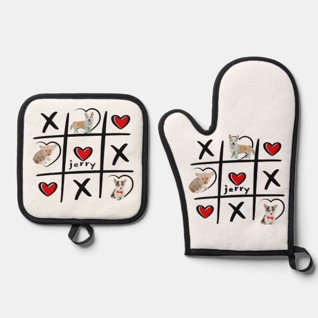Tic-Tac-Toe Pet Lover Photos & Name Oven Mitt & Pot Holder Set (Front)