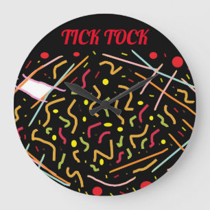 Tick Tock logo in red on black faced mixed pattern Large Clock