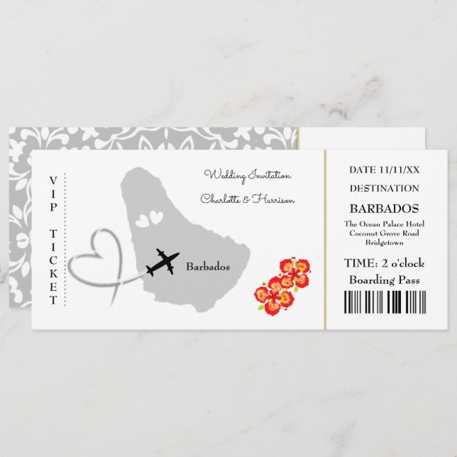 Ticket Boarding Pass Wedding Destination Barbados Invitation (Front/Back)