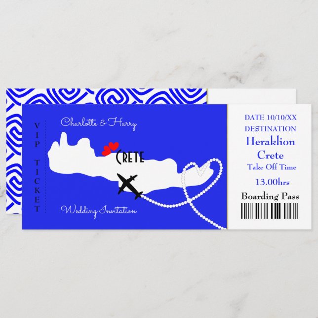 Ticket Boarding Pass Wedding Destination Crete Invitation (Front/Back)