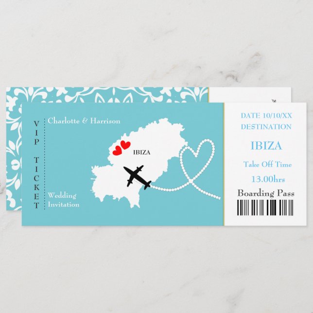 Ticket Boarding Pass Wedding Destination Ibiza Invitation (Front/Back)