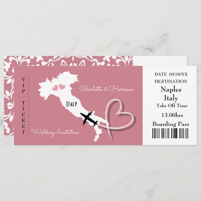 Ticket Boarding Pass Wedding Destination Italy Inv Invitation (Front/Back)