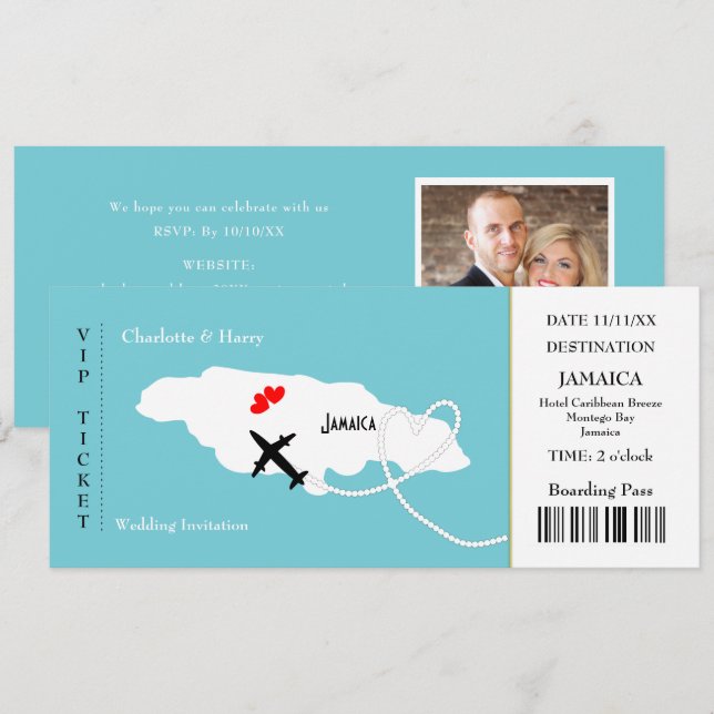 Ticket Boarding Pass Wedding Destination Jamaica Invitation (Front/Back)