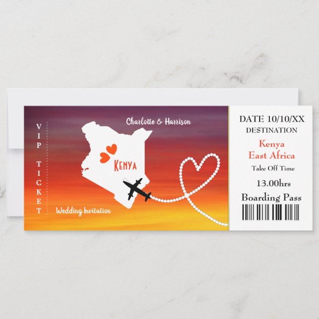 Ticket Boarding Pass Wedding Destination Kenya Invitation (Front)