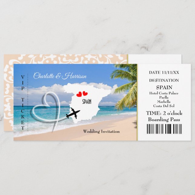 Ticket Boarding Pass Wedding Destination Spain Invitation (Front/Back)