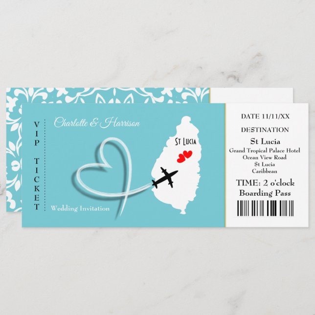 Ticket Boarding Pass Wedding Destination St Lucia Invitation (Front/Back)