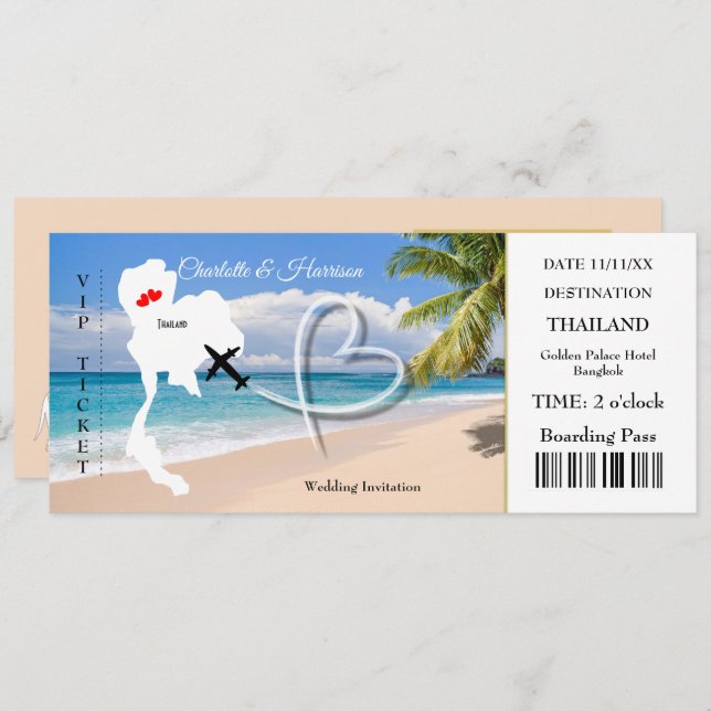 Ticket Boarding Pass Wedding Destination Thailand Invitation (Front/Back)