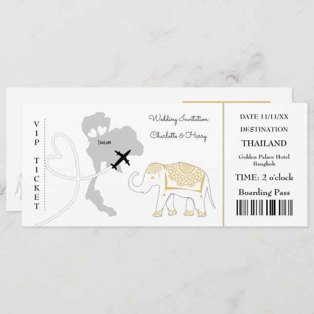 Ticket Boarding Pass Wedding Destination Thailand Invitation (Front/Back)
