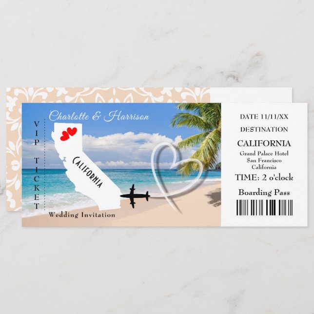 Ticket BoardingPass Wedding Destination California Invitation (Front/Back)