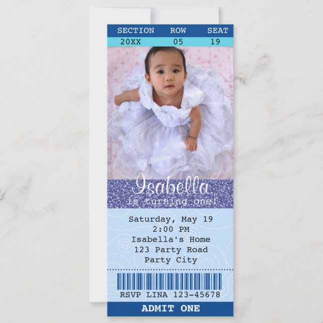 Ticket Invitation Blue Glitter Photo Movie Theatre (Front)