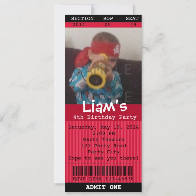 Ticket Invitation (Red) Photo - Birthday Boy/Girl (Front)