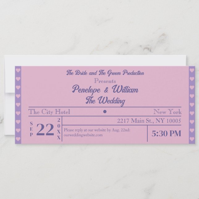 Ticket Simple Retro Style Purple Wedding Invitation (Front)