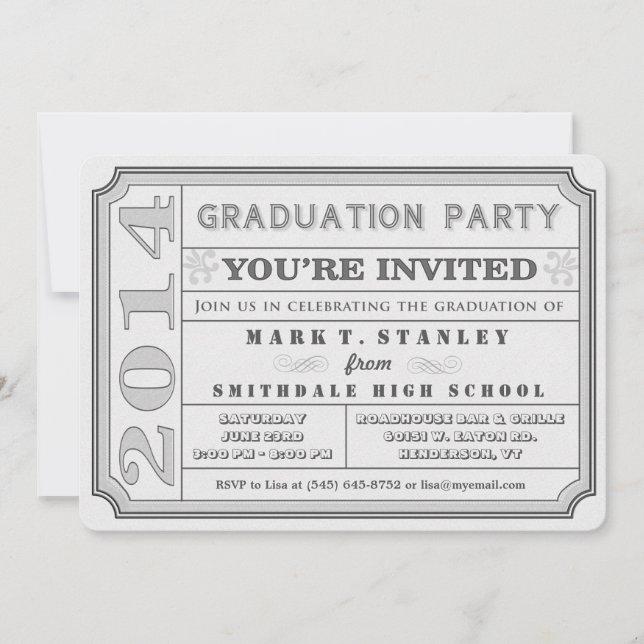 Ticket Style 2014 Grey Graduation Party Invite (Front)