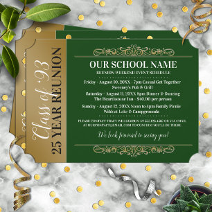 Ticket Style Green/Gold Class Reunion Invitation